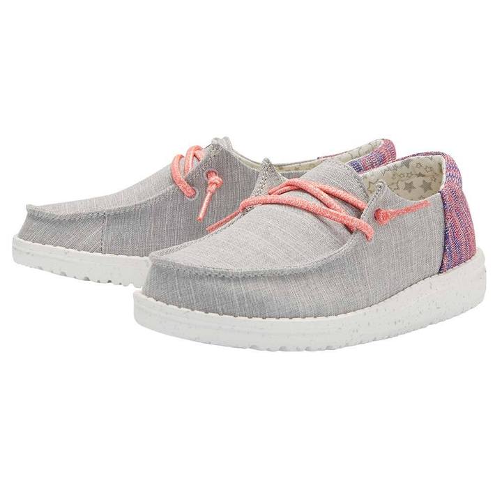 Girls slip-on casual shoes with coral laces, grey canvas upper, and white sole