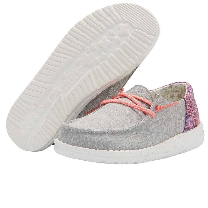 Hey Dude Girls Wendy slip-on shoe in grey canvas with coral laces and multicolor heel panel
