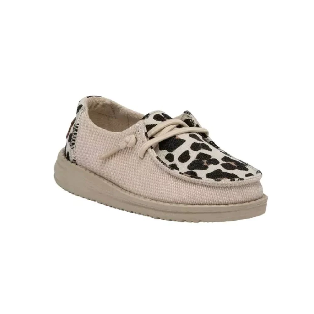 Hey Dude toddler slip-on shoe with leopard print toe and cream canvas sides
