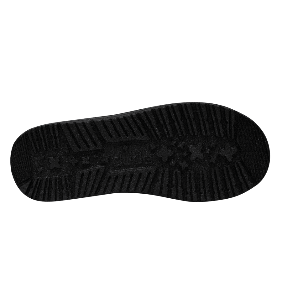 Bottom sole view of Hey Dude Boys Wally shoe showing black rubber tread pattern
