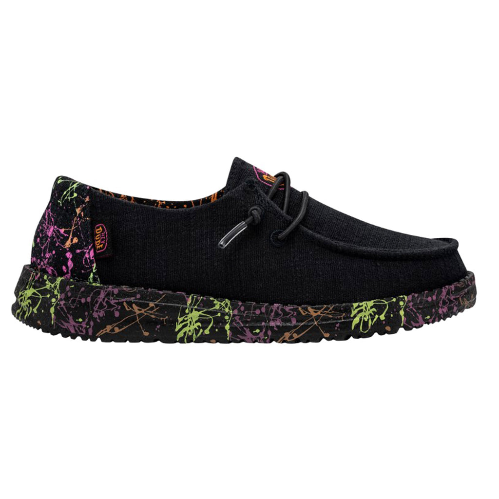 Hey Dude Girls Wendy Glo slip-on shoe with colorful splatter sole, lateral view