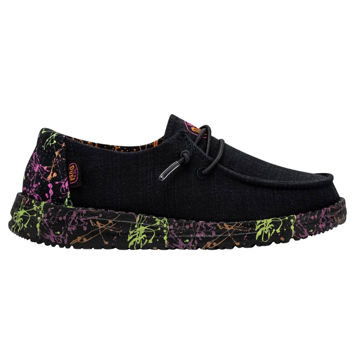 Hey Dude Girls Wendy Glo slip-on shoe with colorful splatter sole, lateral view