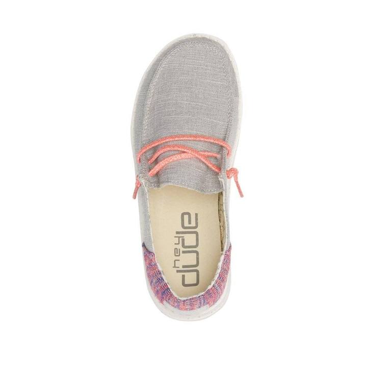 Hey Dude girls slip-on shoe with coral laces and multicolor knit heel, top view