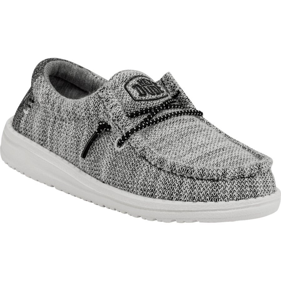 Hey Dude Boys Wally slip-on shoe with knit upper, elastic lacing, and white sole