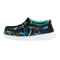 Hey Dude Boys Wally T slip-on shoe with colorful shark print and teal lining, side view