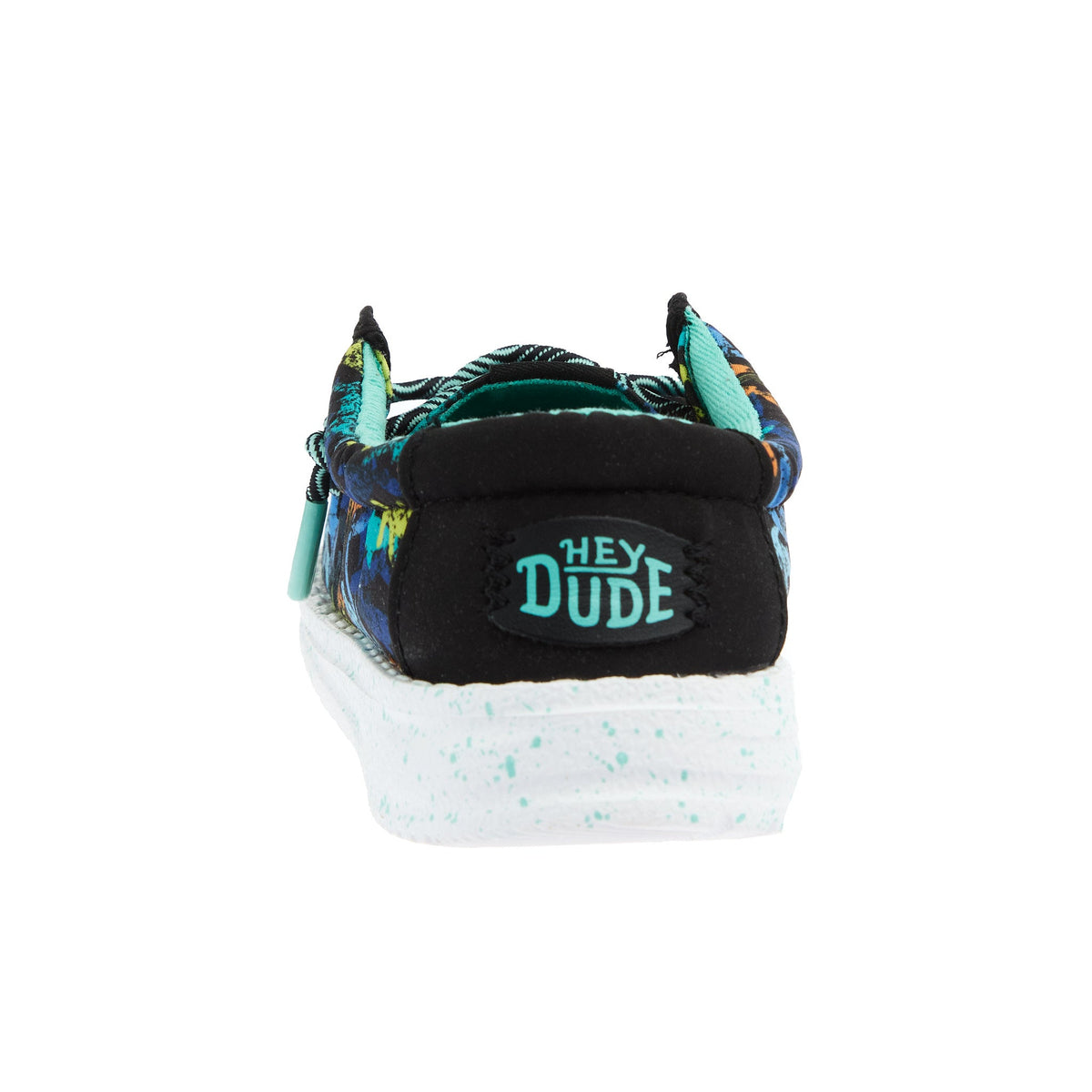 Hey Dude boys slip-on shoe rear view showing brand logo and speckled white sole