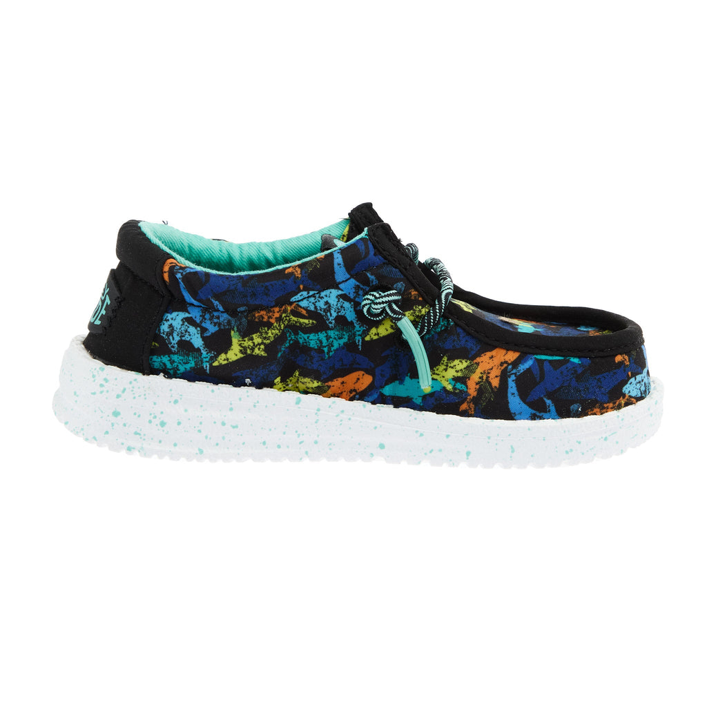 Hey Dude Boys Wally T slip-on shoe with colorful shark print and white speckled sole