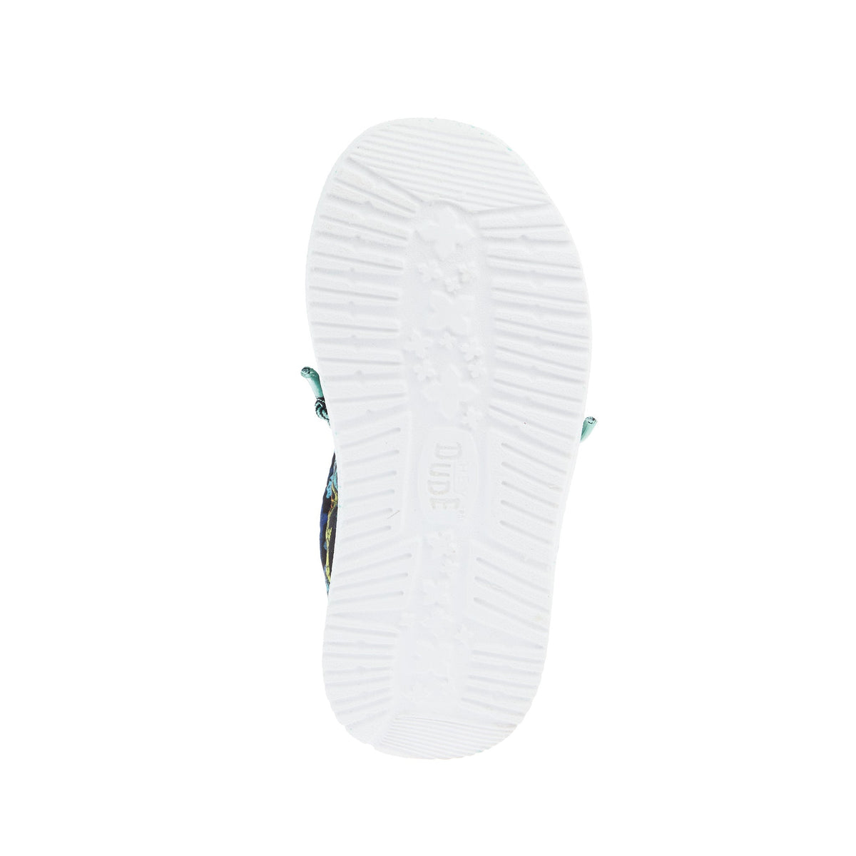 Bottom view of Hey Dude boys shoe showing white rubber outsole with tread pattern