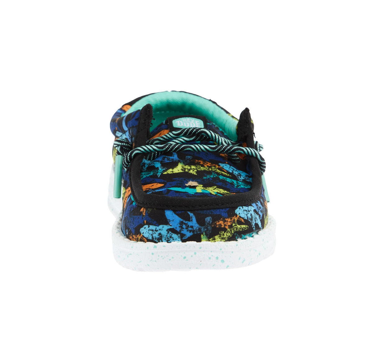 Hey Dude Boys Wally T Sharks slip-on shoe front view with colorful ocean print