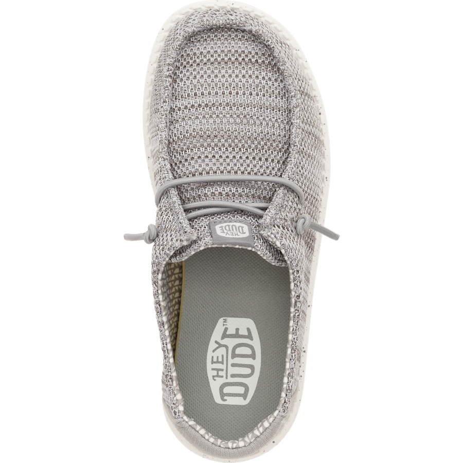 Top-down view of Hey Dude boys youth slip-on shoe with stretch knit upper and branded insole