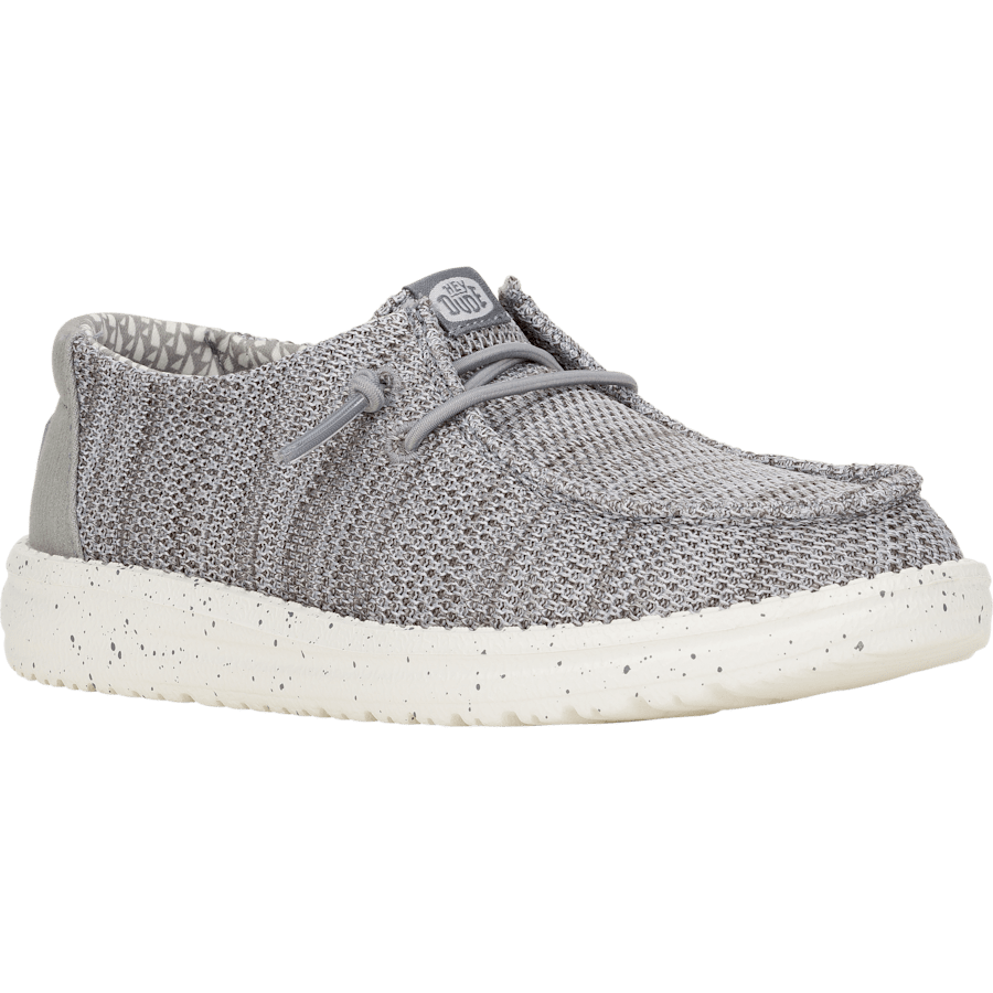 Hey Dude boys youth knit slip-on casual shoe with speckled white sole, side view