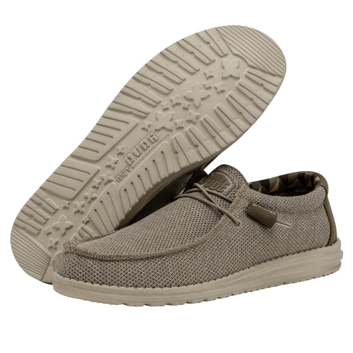 Hey Dude Wally Sox men's casual slip-on shoes shown from top and sole angles