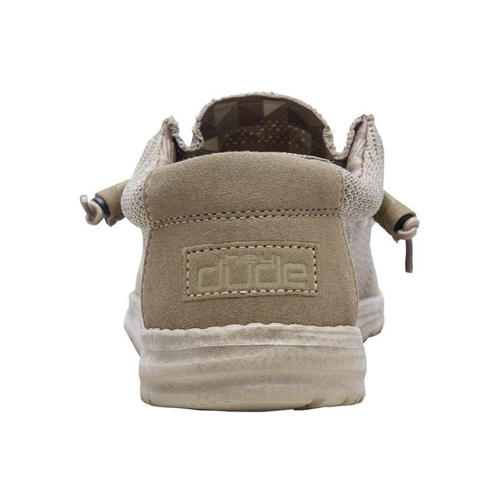 Hey Dude Wally Sox shoe rear view showing suede heel tab and knit upper