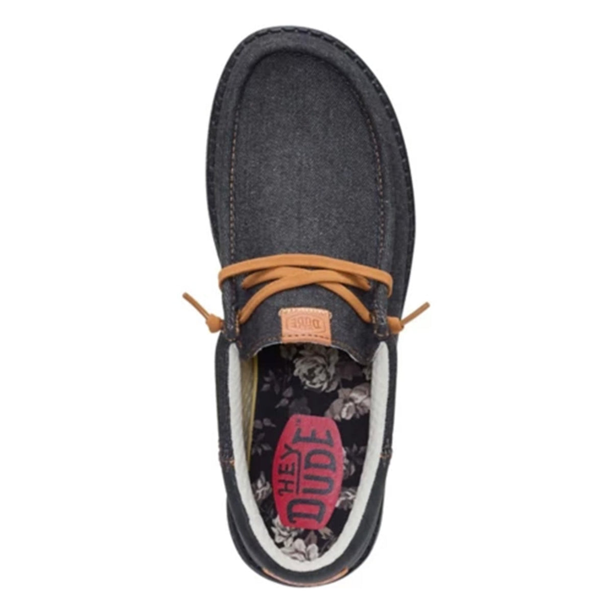 Hey Dude Wally Funk Denim slip-on shoe top view showing floral interior lining
