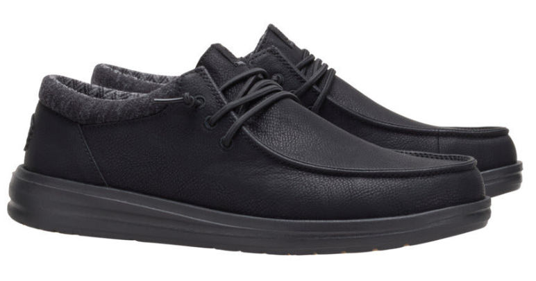 Men's black leather slip-on casual shoes with grey knit collar and lace detail, pair shown