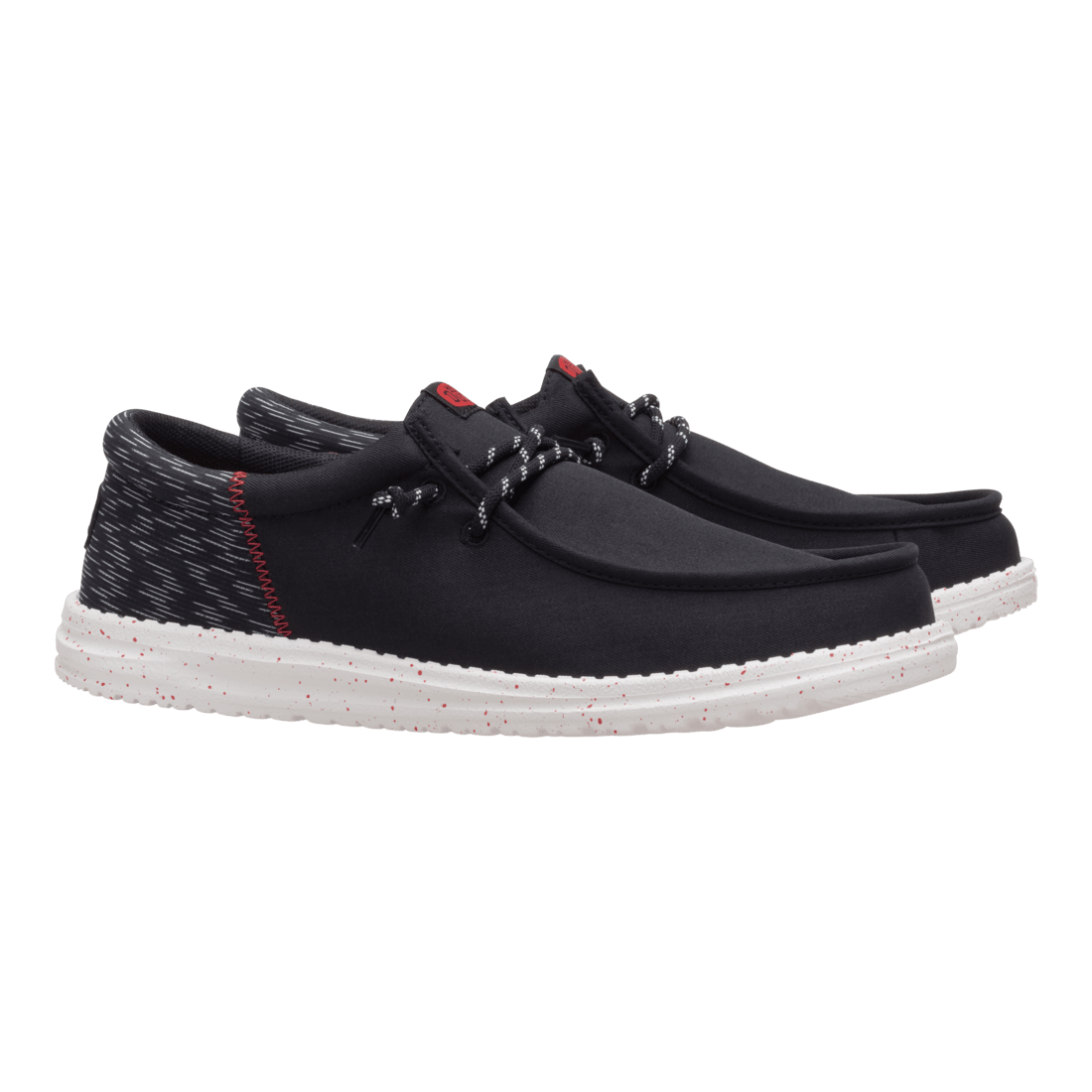 Hey Dude mens casual slip-on shoe with black upper, patterned heel, and speckled white sole