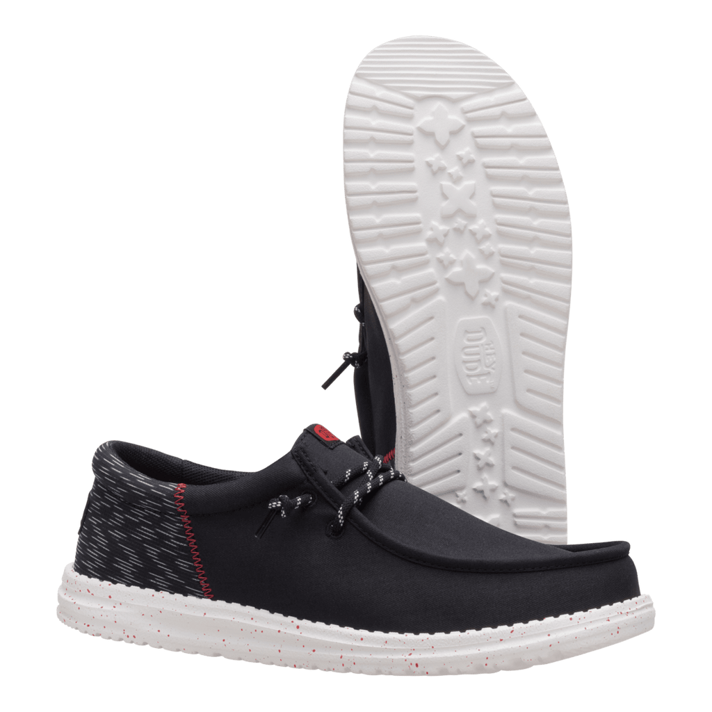 Hey Dude men's slip-on casual shoe shown from side and sole angles on seamless background