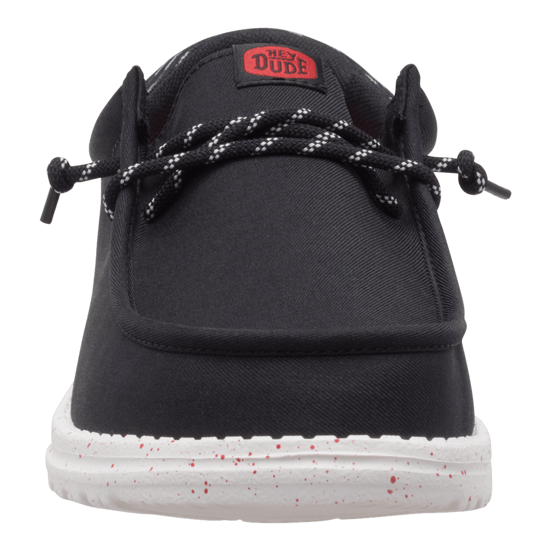 Hey Dude mens casual slip-on shoe front view with black laces and speckled white sole