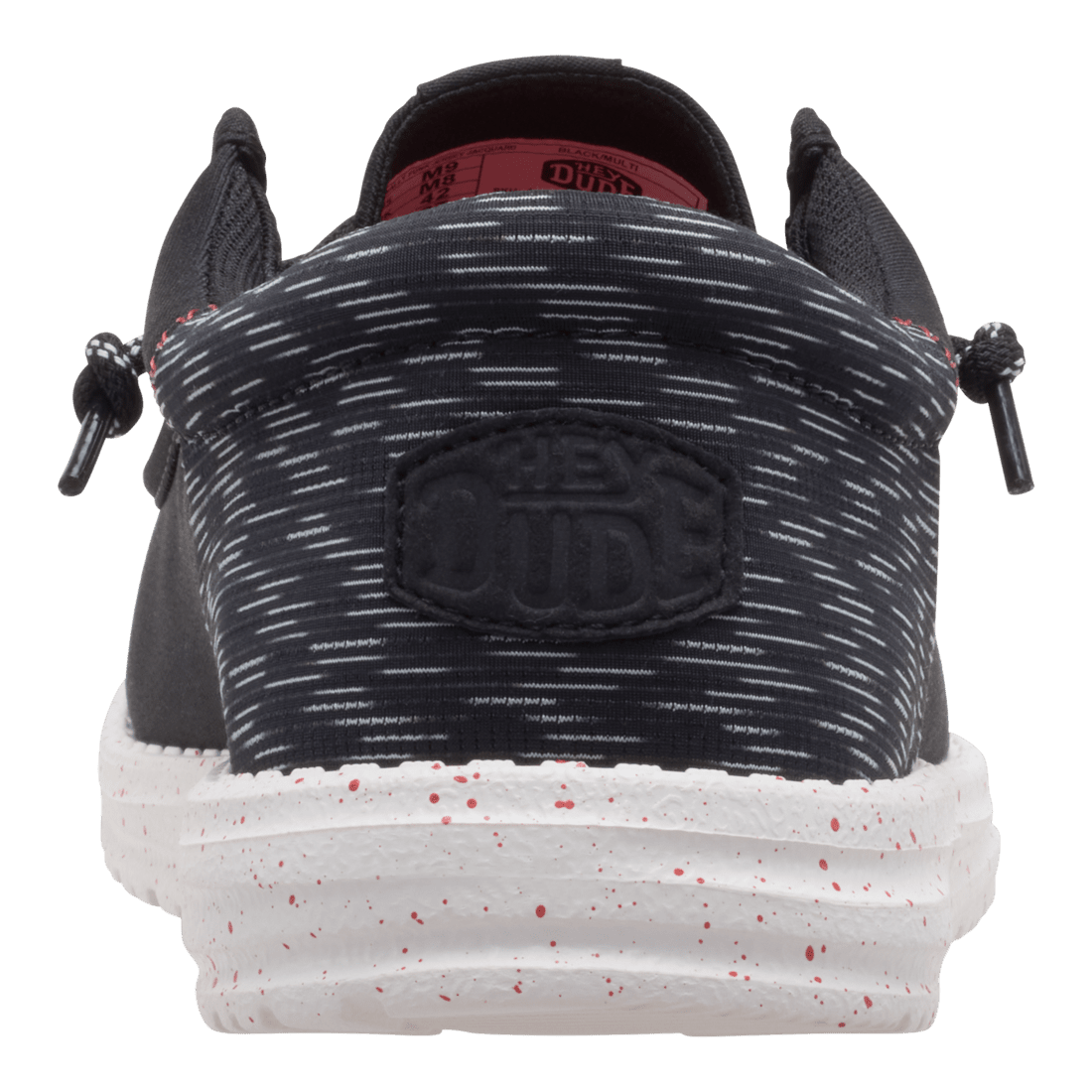 Hey Dude Wally Funk slip-on shoe rear view showing jacquard upper and speckled sole
