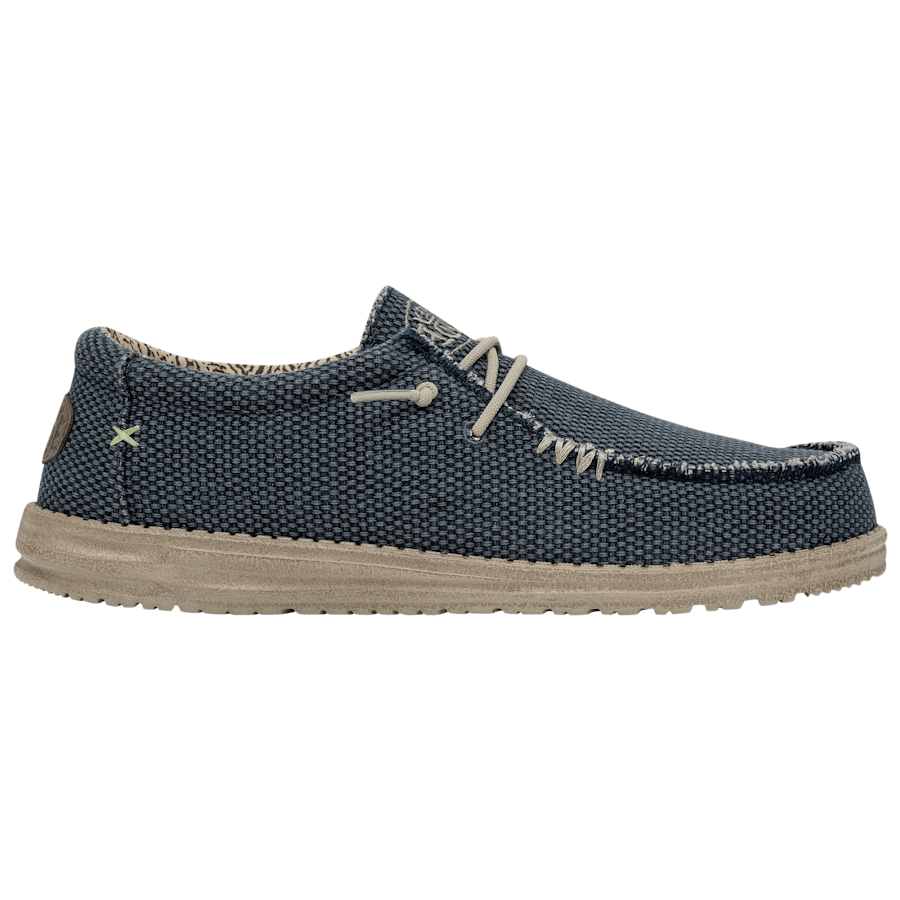 Hey Dude mens slip-on casual shoe with braided textile upper and tan rubber sole