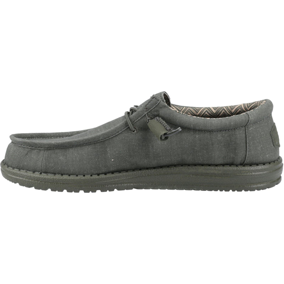 Men's canvas slip-on casual shoe with moc toe and lace detail, side view