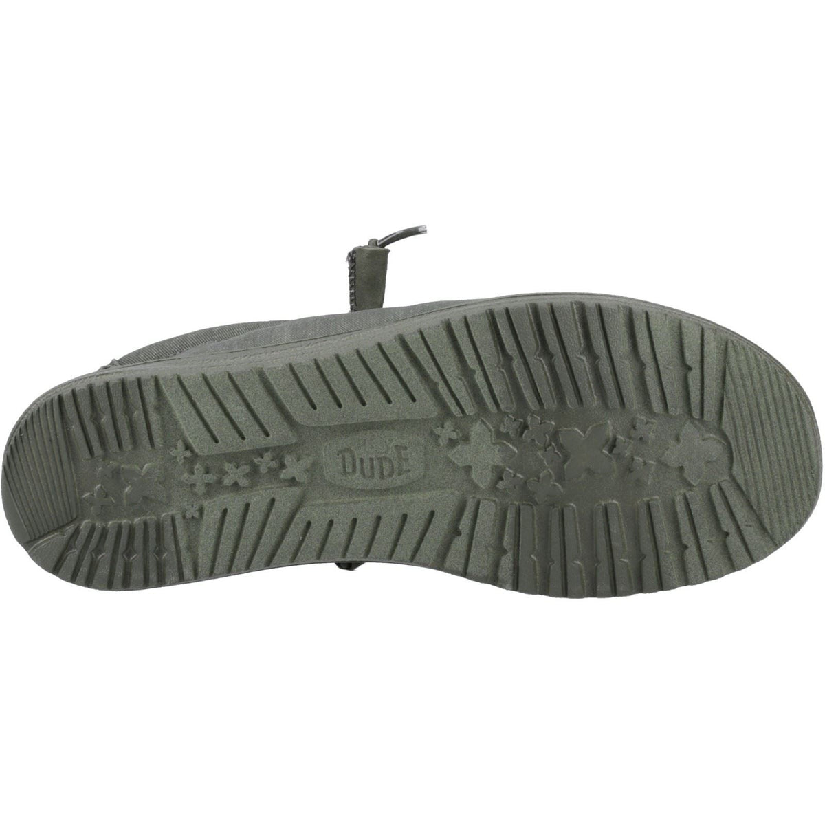 Bottom sole view of Hey Dude Wally Stretch shoe showing tread pattern and brand logo