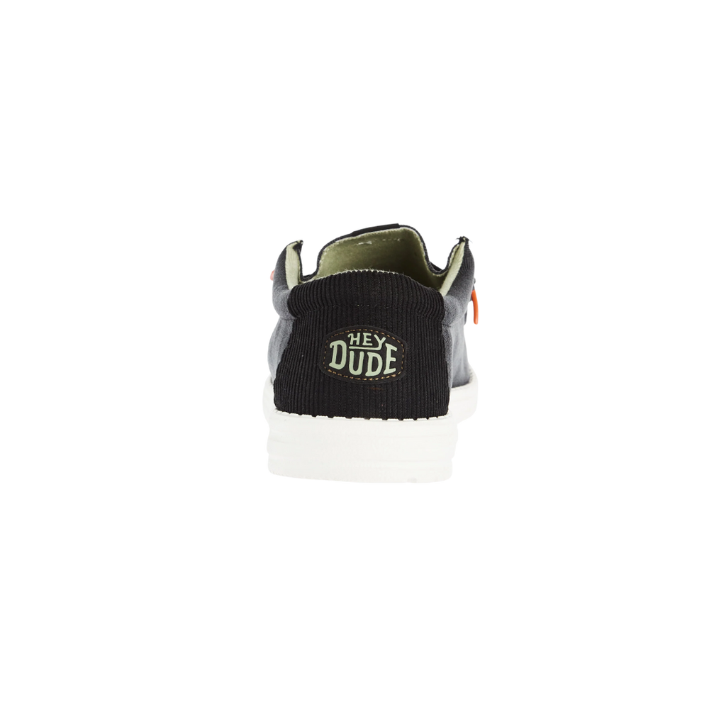 Hey Dude Wally shoe rear view showing black knit heel pull tab with logo
