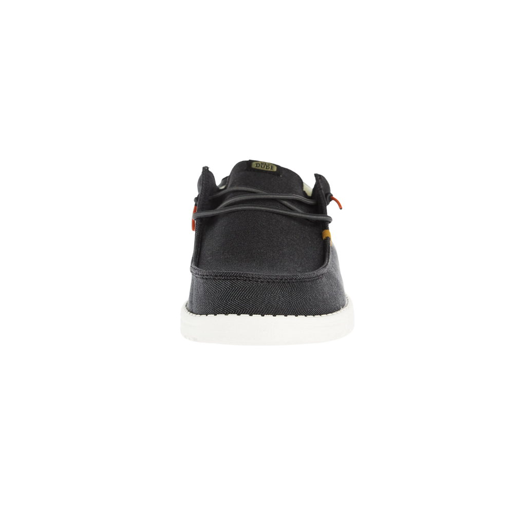 Hey Dude Wally Herringbone casual shoe shown from the rear angle on white sole
