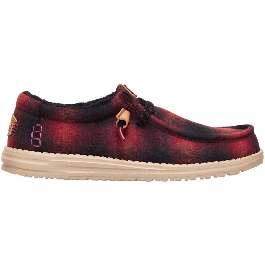 Hey Dude Wally Cozy Plaid slip-on shoe with plaid wool upper and tan sole, lateral view