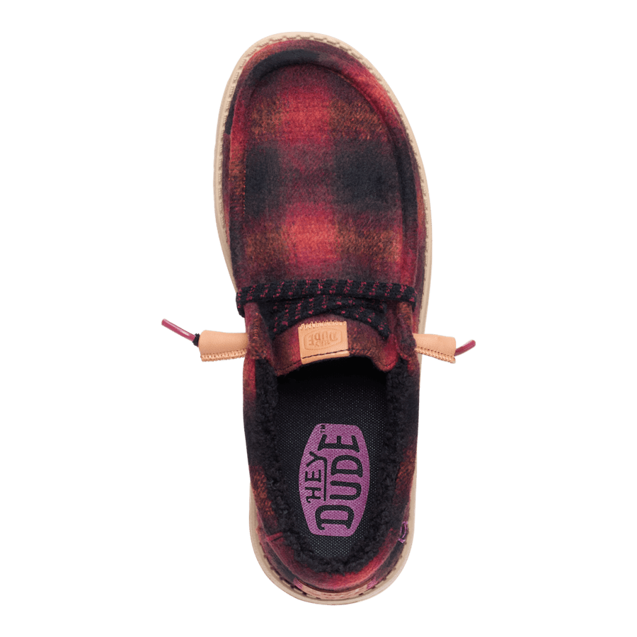 Top-down view of Hey Dude Wally Cozy Plaid slip-on shoe with braided lace detail