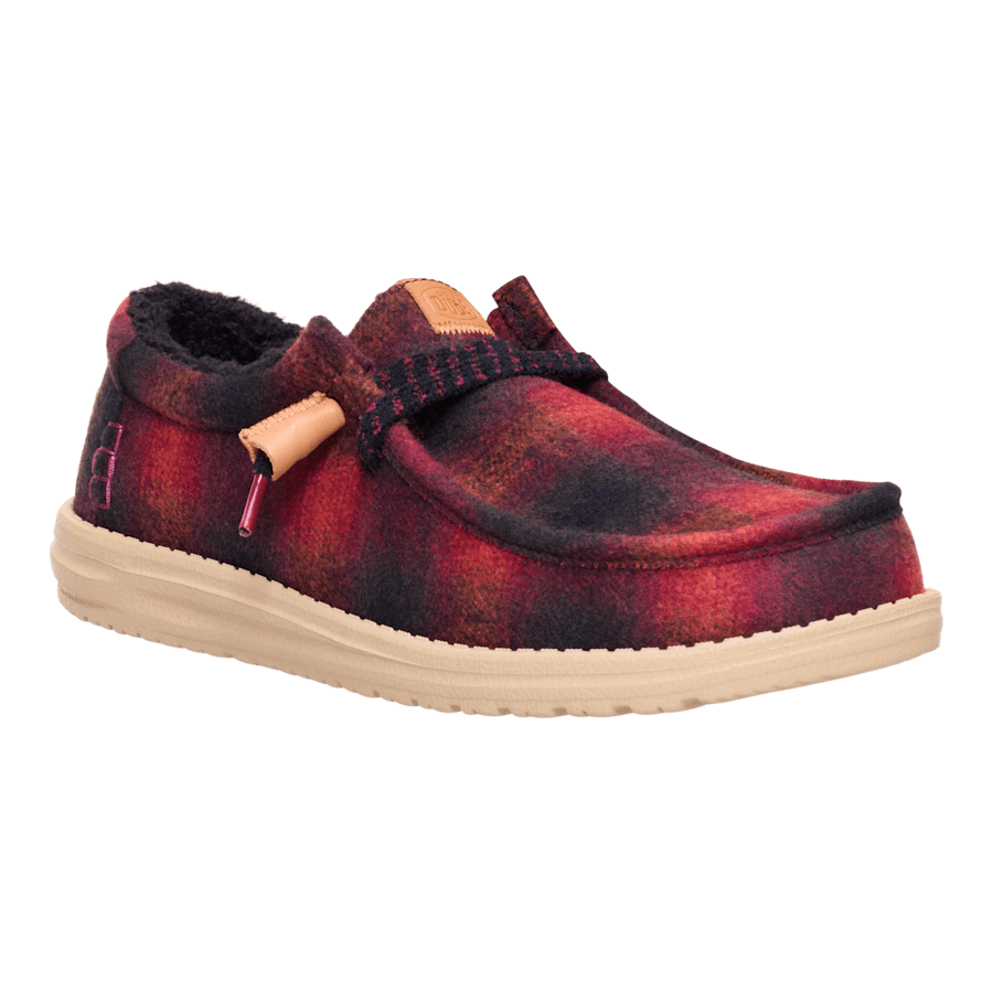 Hey Dude Wally Cozy slip-on shoe in plaid wool upper with cream rubber sole