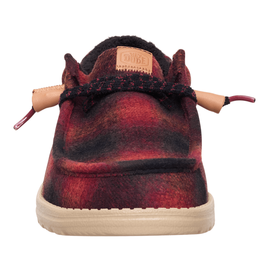 Hey Dude Wally Cozy Plaid mens shoe rear view showing plaid wool upper and laces