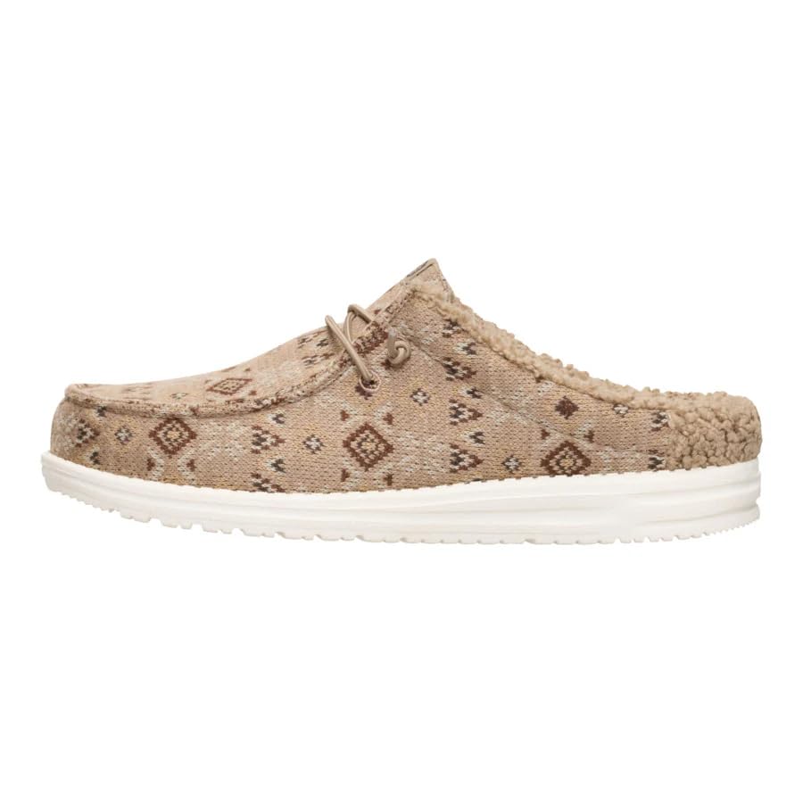 Hey Dude slip-on mule shoe with Aztec pattern, sherpa trim, and white sole