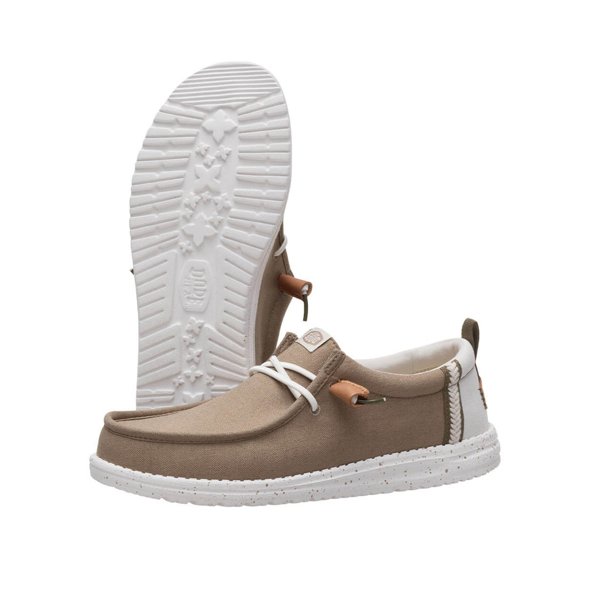 Hey Dude Wally slip-on shoe shown from side and bottom sole angles on white background