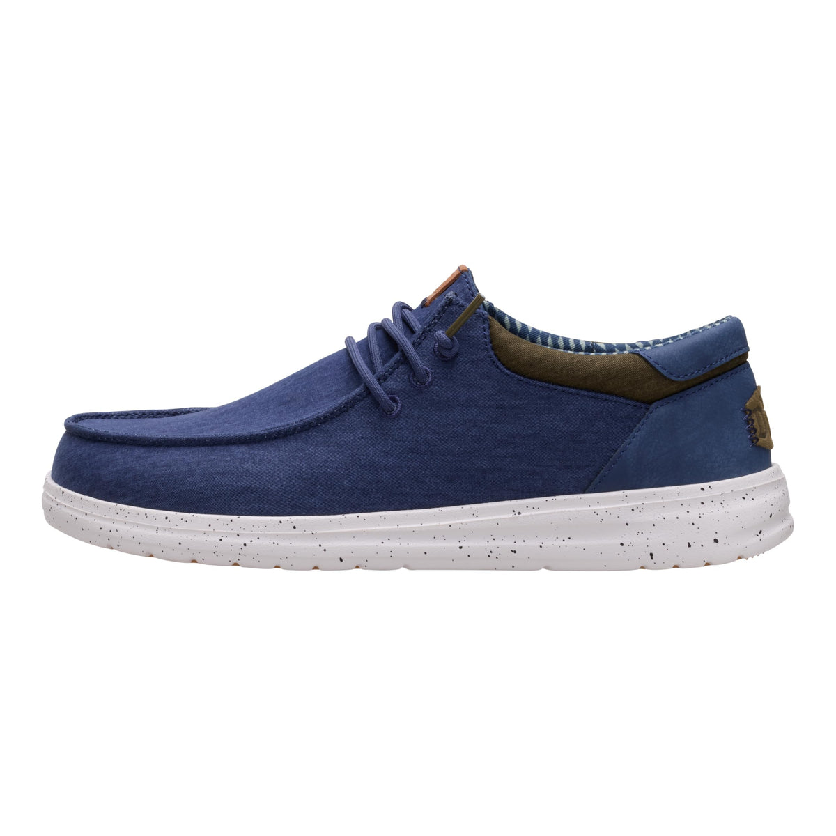 Hey Dude mens casual lace-up moc-toe sneaker with speckled white sole, side view