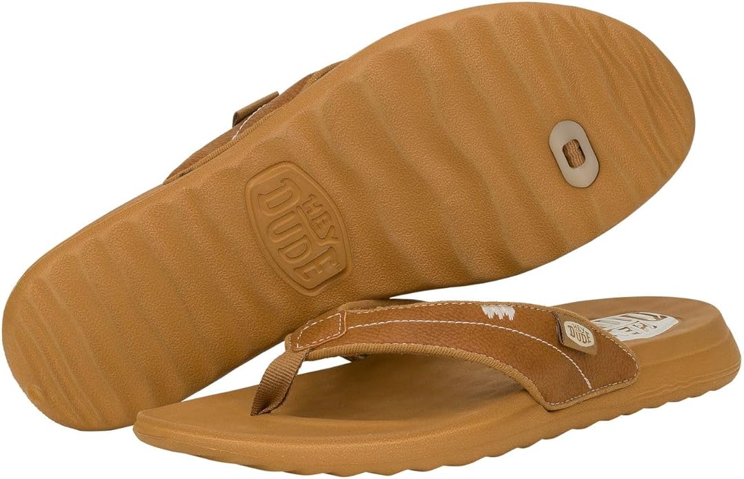 Hey Dude womens flip flop sandals showing top and sole views with toe thong strap