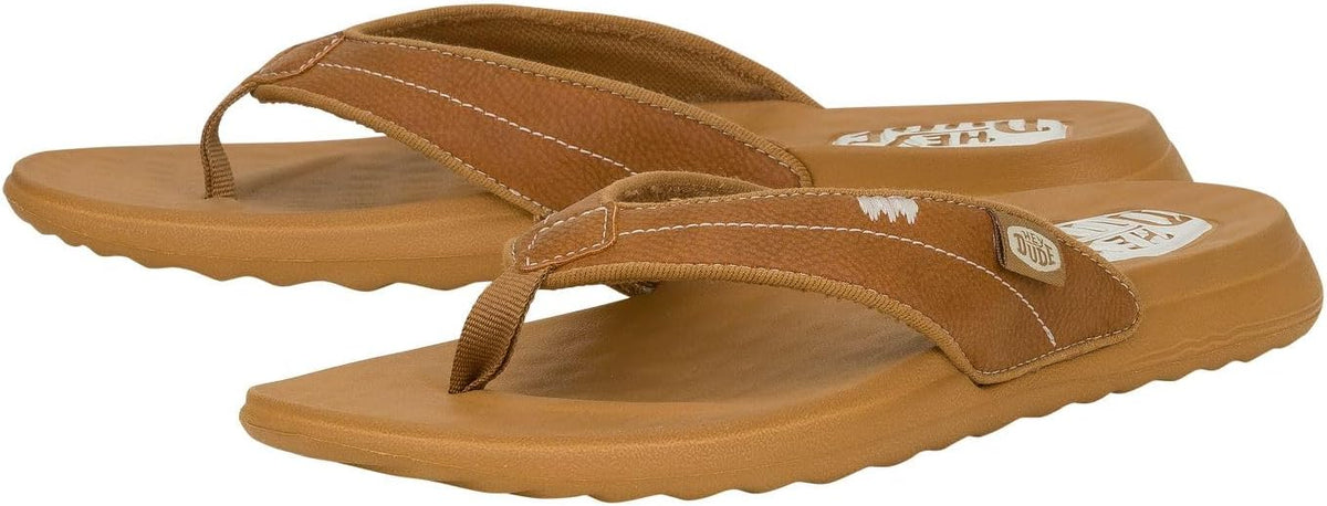Hey Dude womens flip flop sandals with leather-look straps and cushioned footbed, pair view