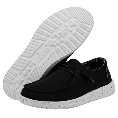Hey Dude Wendy slip-on shoes shown from side angle and sole view on white background
