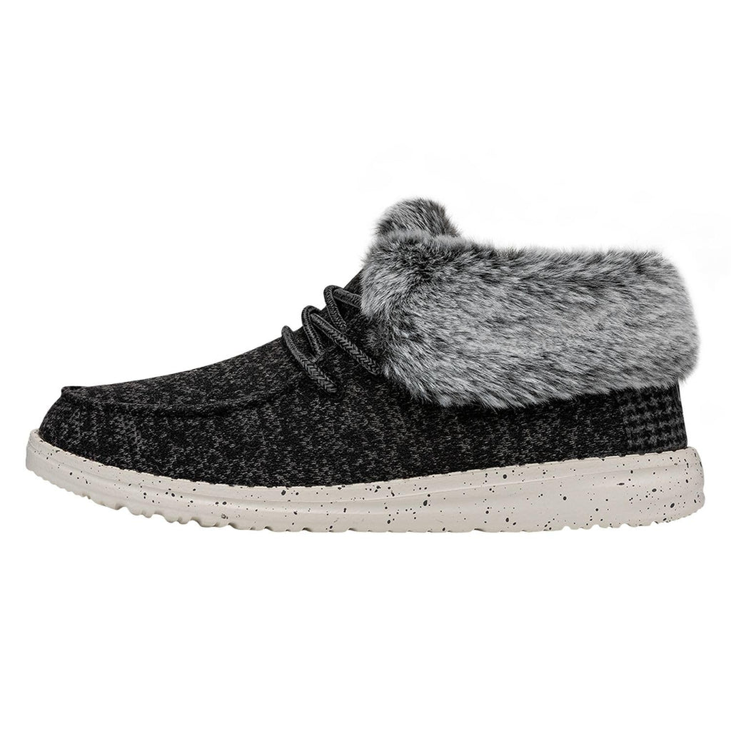 Women's ankle boot with faux fur collar, lace-up front, and speckled white sole