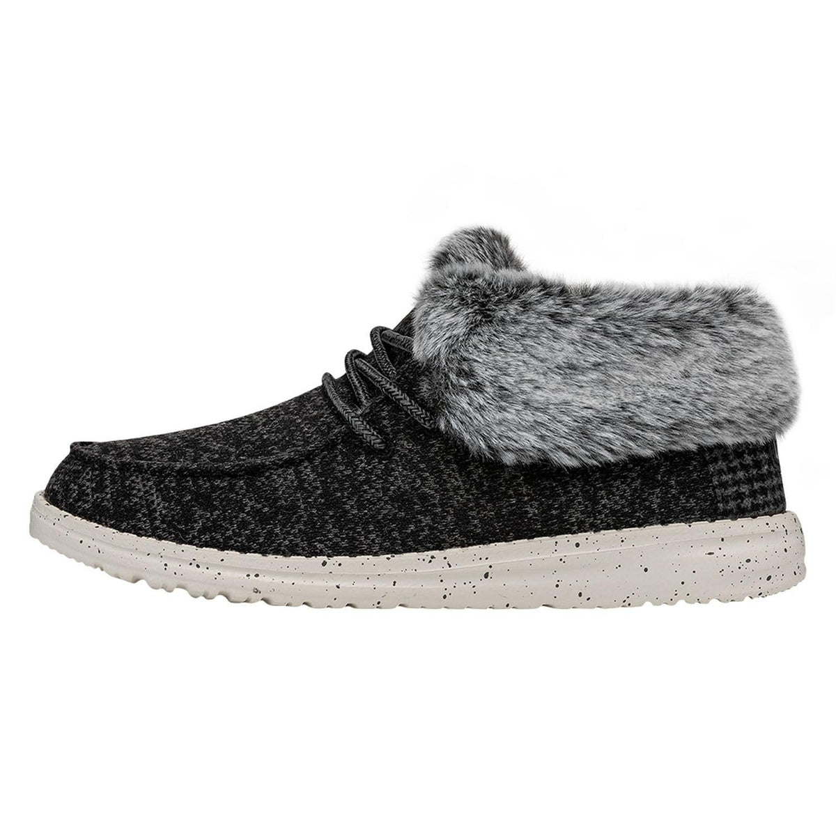 Women's ankle boot with faux fur collar, lace-up front, and speckled white sole