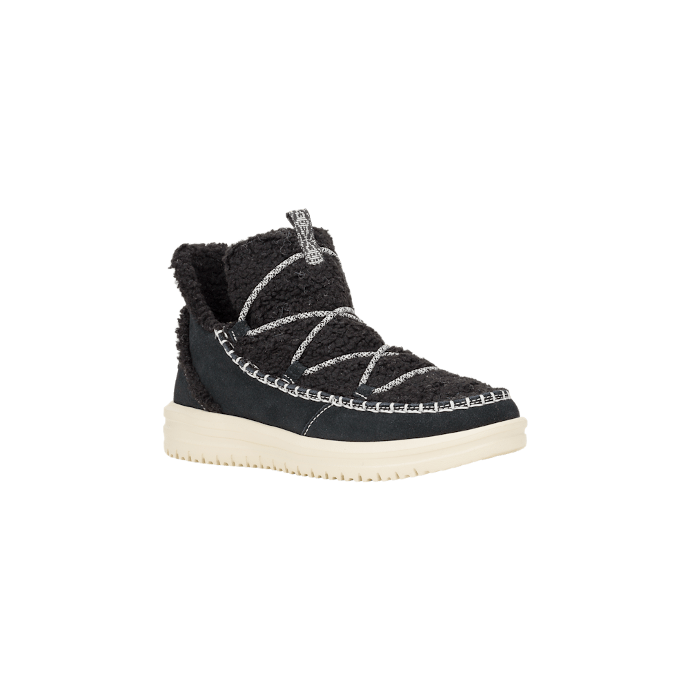 Hey Dude womens ankle boot with sherpa upper, lace detail, and cream outsole