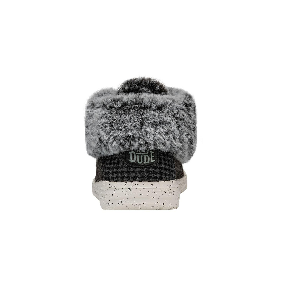 Hey Dude Wendy Fold boot back view with faux fur collar and speckled white sole
