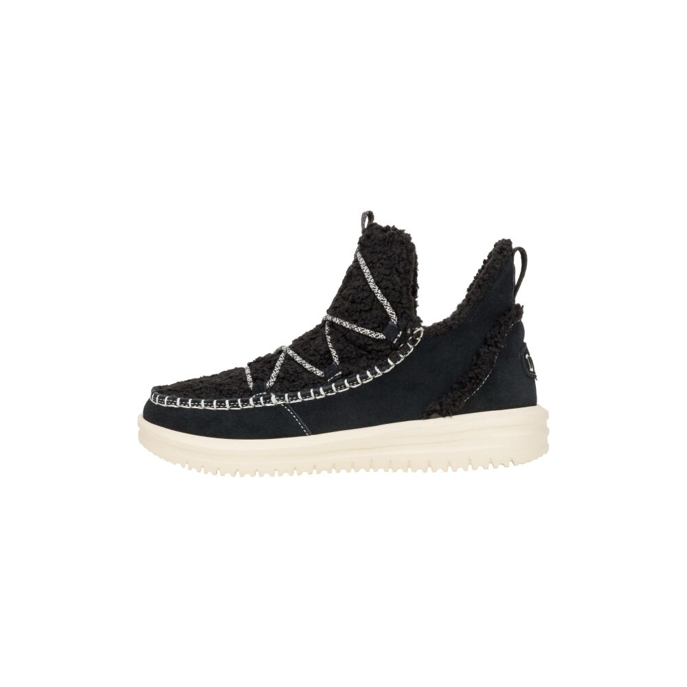 Hey Dude womens slip-on boot with sherpa upper, contrast stitching, and cream chunky sole