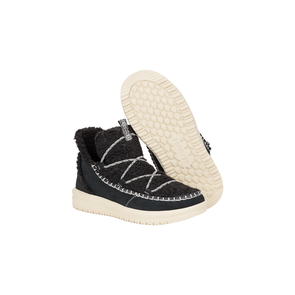 Hey Dude womens high-top boot with sherpa upper, crossover lacing, and cream rubber outsole shown