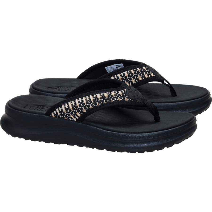 Hey Dude Womens Tide flip flop sandals with woven black and cream strap on chunky black sole