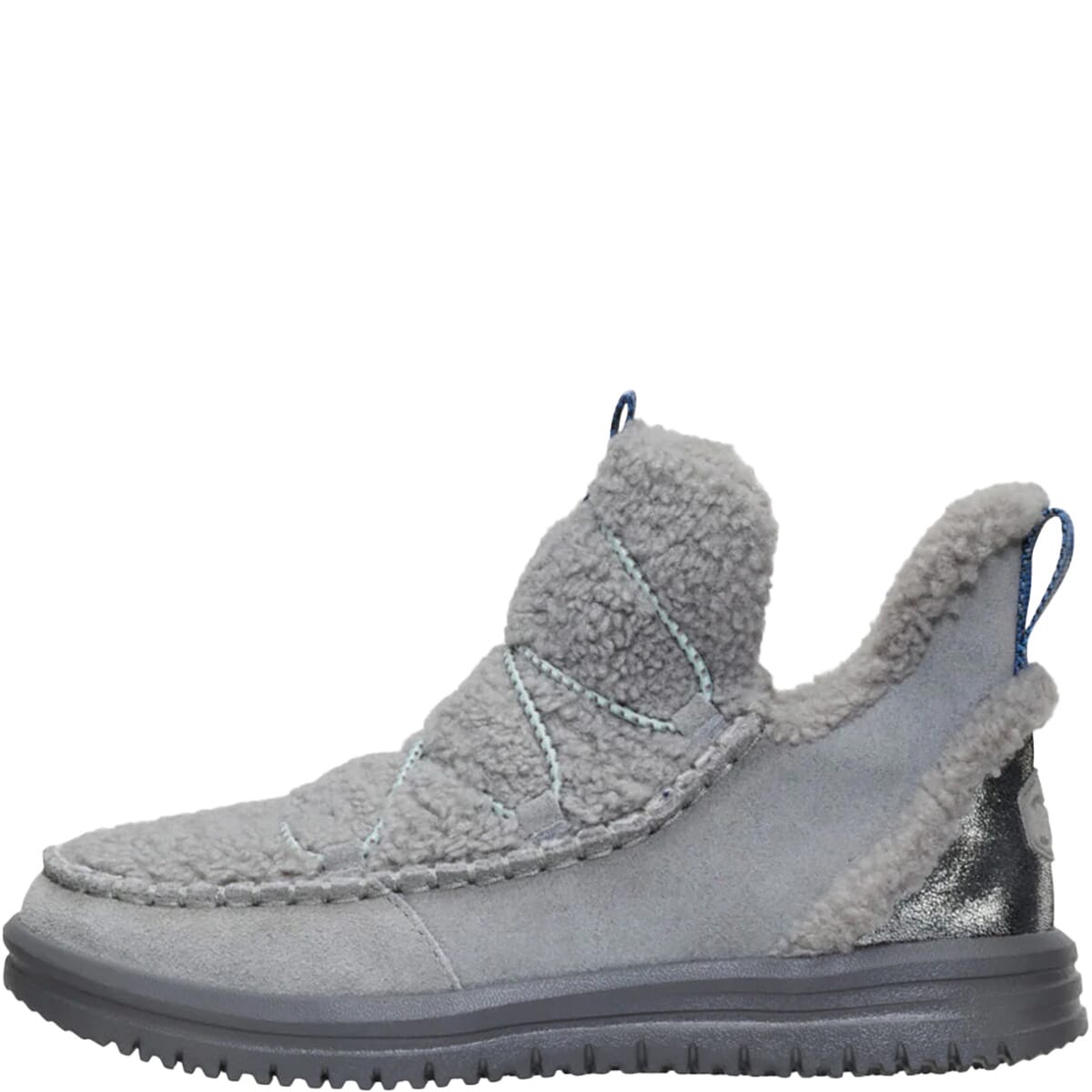 Hey Dude womens slip-on ankle boot with sherpa upper, suede base, and rubber sole