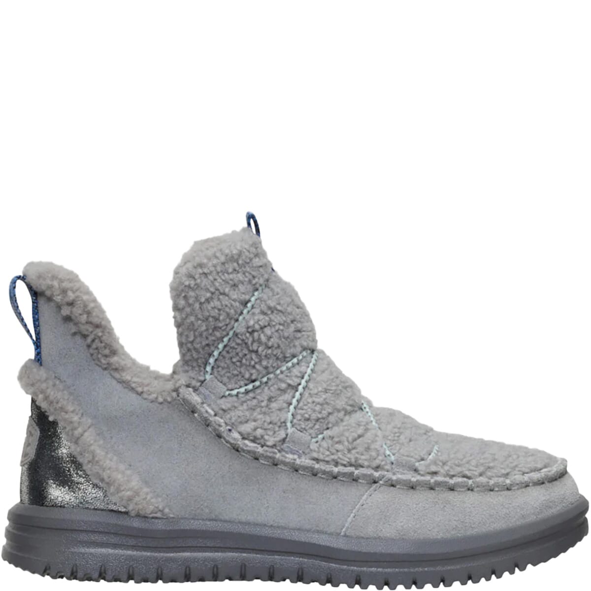 Hey Dude womens slip-on ankle boot with sherpa upper and suede toe cap, lateral view