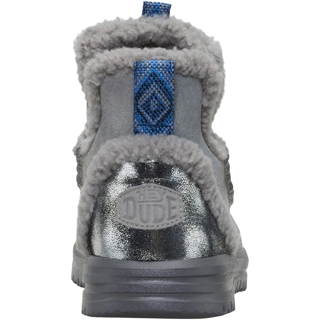 Hey Dude womens cozy boot rear view showing shearling trim and metallic heel detail