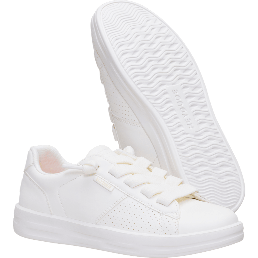 Hey Dude women's white low-top sneaker shown from side and sole angles