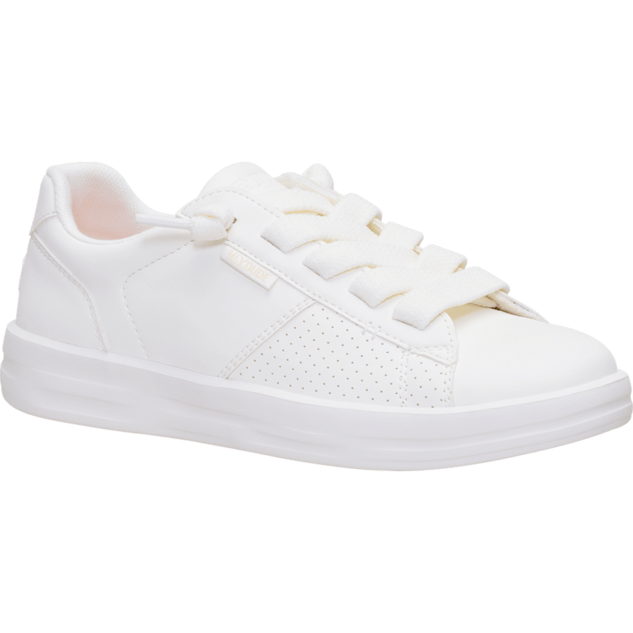 Hey Dude Womens Karina Duo Classic white low-top sneaker with wide ribbon laces and perforated side panel